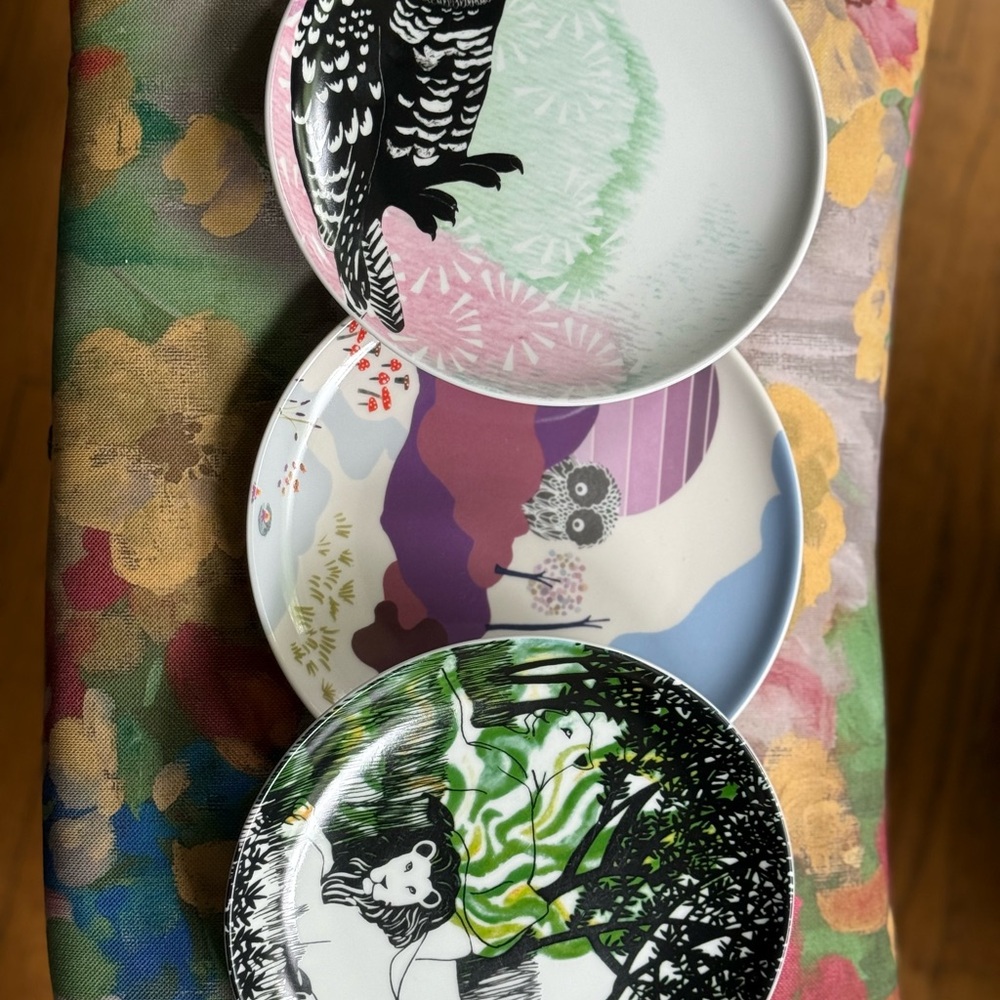 Print Run Co. Set of Three Artistic Plates with Owl Design